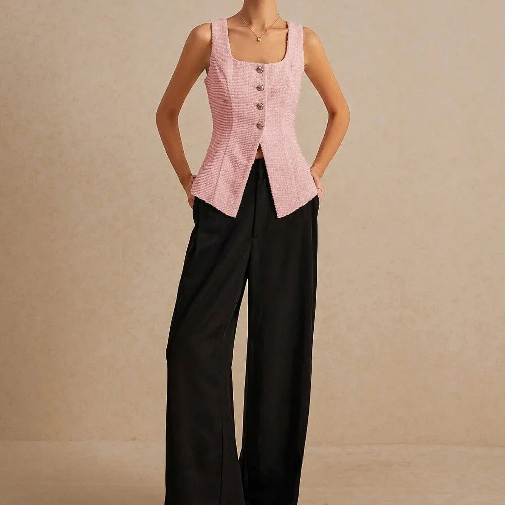 Baby Pink Casual Women's Sleeveless Scooped Back Tweed Top - Picture 5 of 7